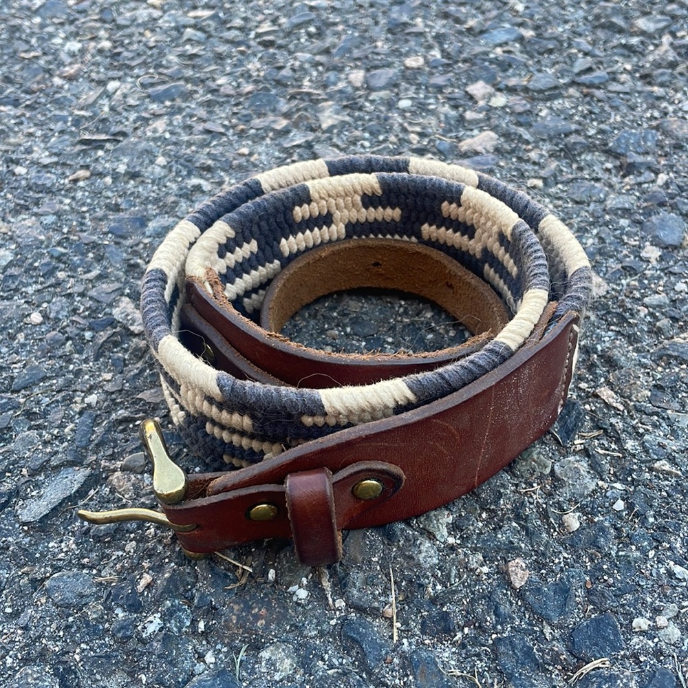 J Crew belt - blue & cream, preppy, stretchy cotton & leather
